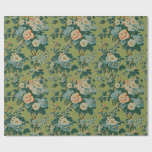Papier Cadeau Chintz floral vert de printemps, rose corail