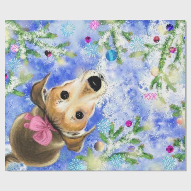 Papier Cadeau Chiot avec ruban rose - Joyeux Noël (Plat)