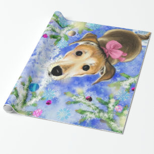 Papier Cadeau Chiot avec ruban rose - Joyeux Noël -