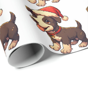 Papier Cadeau Chiot de Noël mignon et joyeux avec un chapeau de