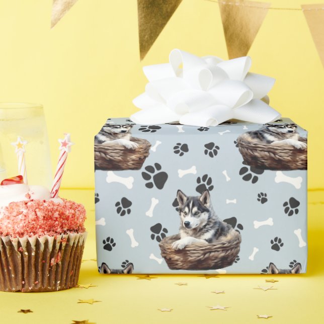 Papier Cadeau Chiot Husky Sibérien en Empreinte de patte de pani (Fête d'anniversaire)
