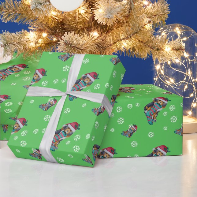 Papier Cadeau chiot noir et brun mignon vêtu pour noël (Vacances)