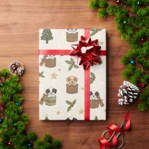 Papier Cadeau Chiots bronzés et noirs et blancs Motif de Noël