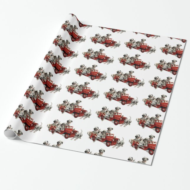 Papier Cadeau Chiots dalmatiens avec le camion de pompiers (Déroulé)