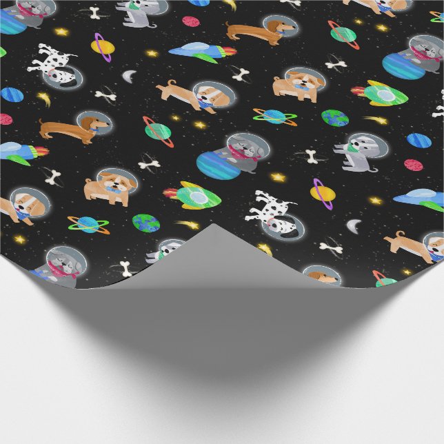 Papier Cadeau Chiots Dans L'espace Aquarelle Chiots Astronautes (Coin)