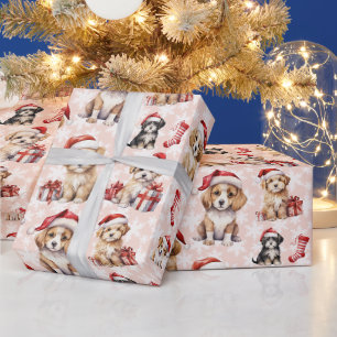 Papier Cadeau Chiots de Noël mignons et chaussettes