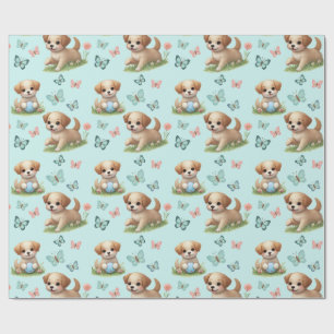 Papier Cadeau Chiots et papillons à l'aquarelle bleue fantaisist