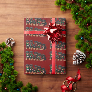 Papier Cadeau Chiots Rottweiler Joyeux Chrismutts Portant une Éc