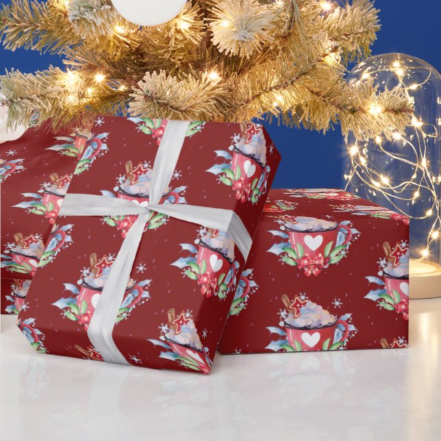 Papier Cadeau Chocolat chaud de Noël sur fond rouge (Vacances)