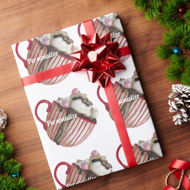 Papier Cadeau Chocolat chaud sundae marshmallow cacao rouge marr (Créateur téléchargé)