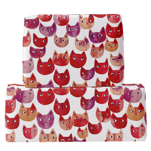 Papier Cadeau Chouette Art de Chat à l'aquarelle Rouge Rose Viol