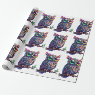 Papier Cadeau Chouette colorée vibrante avec lunettes vibrantes