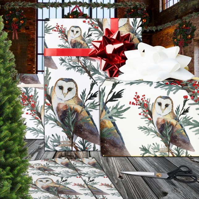 Papier Cadeau Chouette De Grange Dans Une Forêt De Bois De Junip (Barn Owls In A Juniper Tree Woodland Forest Christmas Holiday Gift Wrapping Paper in 6 & 15 ' Rolls)