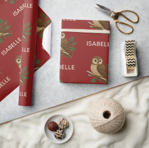 Papier Cadeau Chouette de Noël brodée rustique avec Holly