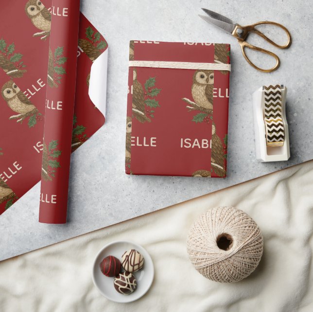 Papier Cadeau Chouette de Noël brodée rustique avec Holly (Artisanat)