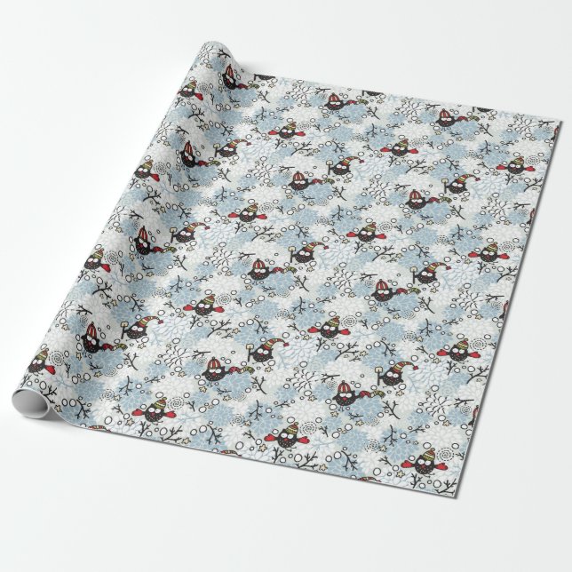 Papier Cadeau Chouette et motif de neige (Déroulé)