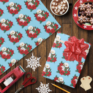 Papier Cadeau Chouette neigeuse Poinsettias rouges Noël