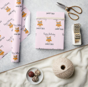 Papier Cadeau Chouette orange mignonne joyeux anniversaire sur f
