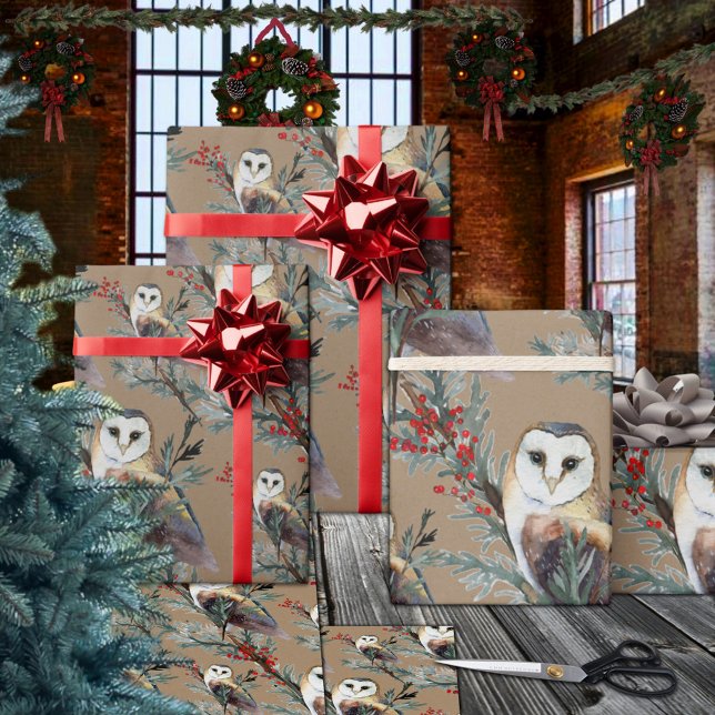 Papier Cadeau Chouette Rustique Kraft Dans Un Bois De Juniper Tr (Rustic Kraft Barn Owls In A Juniper Tree Woodland Christmas Holiday Gift Wrapping Paper Rolls)