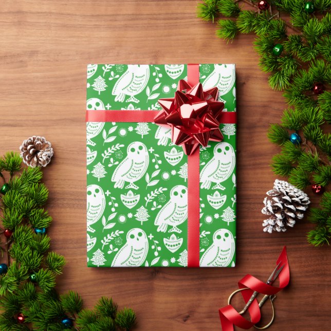 Papier Cadeau Chouette sage Art Populaire Vert Vacances (Cadeau de vacances)