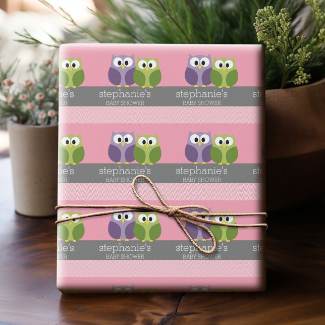 Papier Cadeau Chouettes mignonnes sur Branche Bébé Fille Douche  (Custom Wrapping Paper)