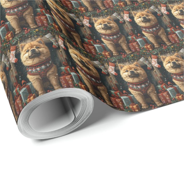 Papier Cadeau Chow Chien Chow avec cadeaux de Noël cheminée (Coin rond)