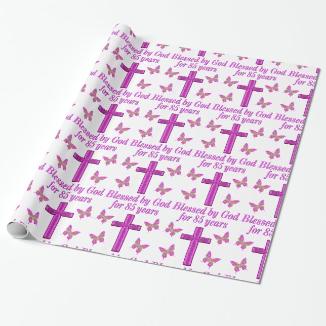 PAPIER CADEAU CHRÉTIEN 85E ANNIVERSAIRE CROIX ROSE CONCEPTION (Déroulé)