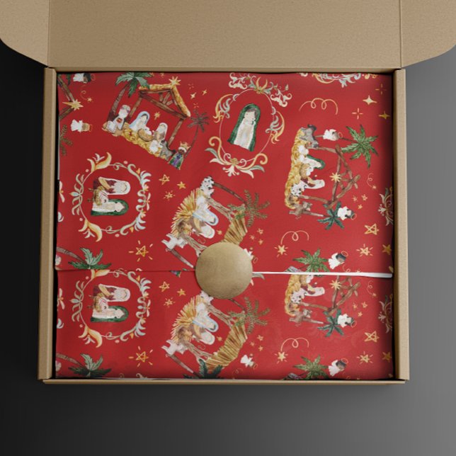 Papier Cadeau Christian Christmas Watercolor Nativité Rouge (Créateur téléchargé)