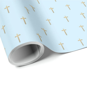 Papier Cadeau Christian Event Faux Gold Cross Motif Bleu