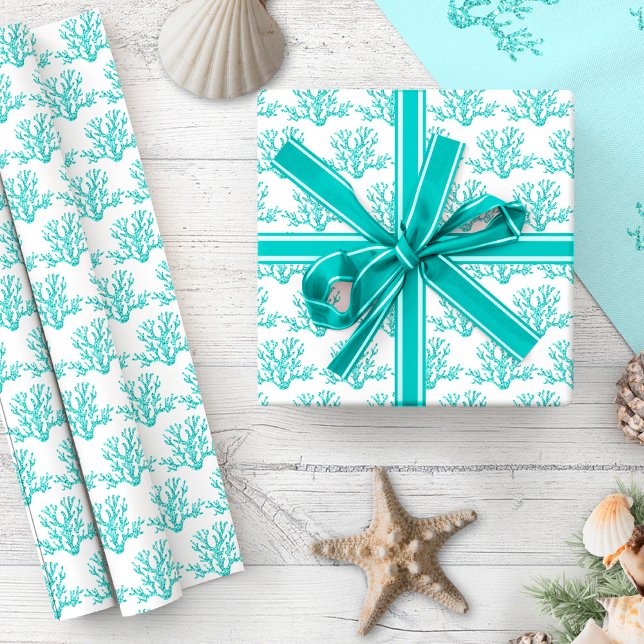 Papier Cadeau Christmas Aqua Blue White Beach Coral Motif (Créateur téléchargé)