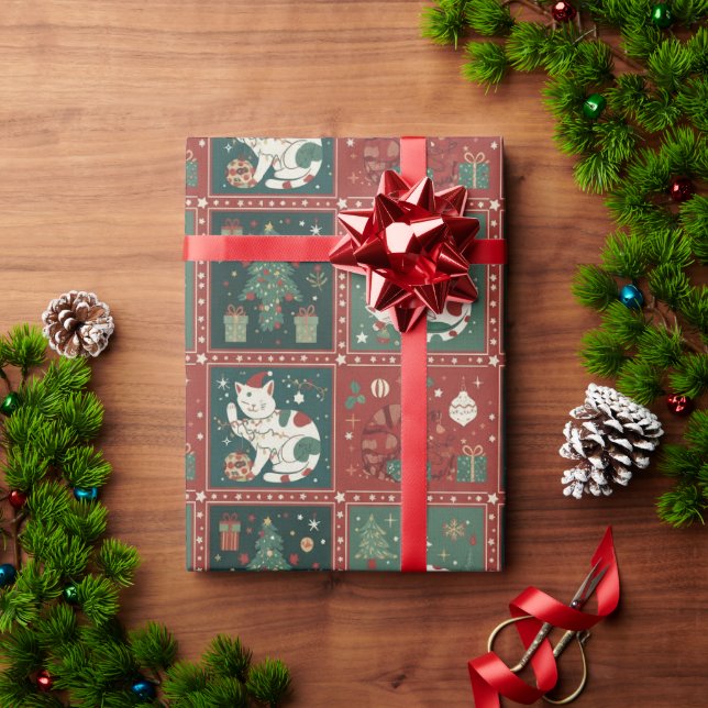 Papier Cadeau Christmas Cat Cute Holiday Kitty in Santa Hat with (Cadeau de vacances)