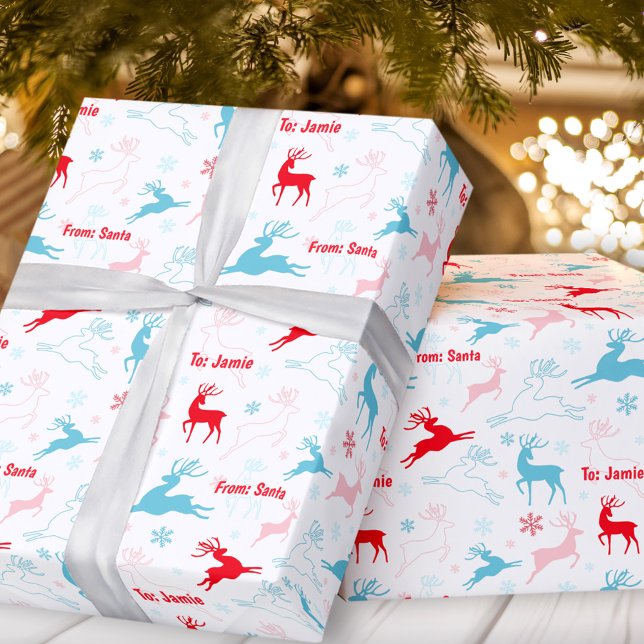 Papier Cadeau Christmas Deer Nordic Simple Blue Red Nom personna (Christmas Deer Nordic Simple Blue Red Custom Name Wrapping Paper)
