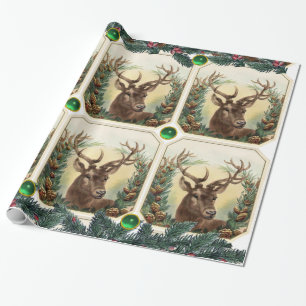 PAPIER CADEAU CHRISTMAS DEER, PINE CONES COURONNE, GREEN GEMSTON