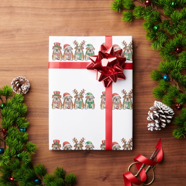 Papier Cadeau Christmas English Bulldog Dog Santa Hat Reindeer (Cadeau de vacances)