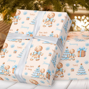 Papier Cadeau Christmas Gingerbread Homme Garçon Bleu Beige Nom