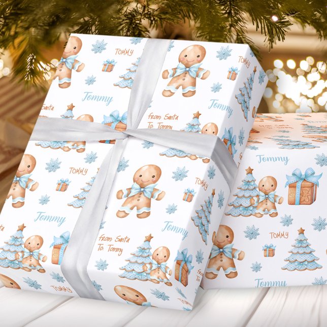 Papier Cadeau Christmas Gingerbread Homme Nom du garçon Texte (Christmas Gingerbread Man Boy Name Text Wrapping Paper)