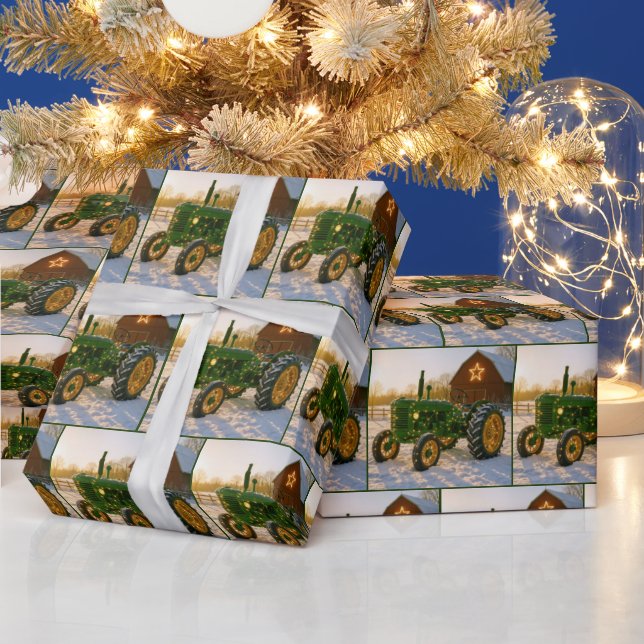 Papier Cadeau Christmas Green Tractor With Glowing Lights (Vacances)