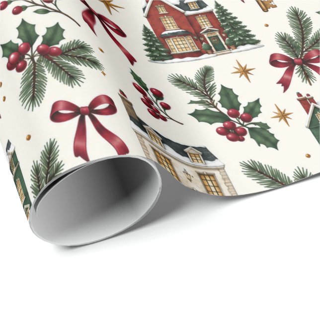 Papier Cadeau Christmas House Pattern Wrapping Paper (Coin rond)