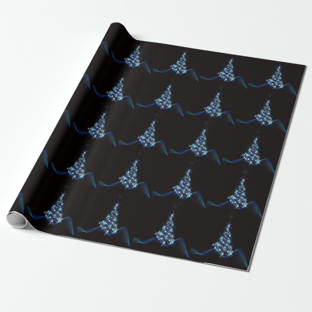 Papier Cadeau Christmas Party Blue Tree Shiny Black Elegant (Déroulé)