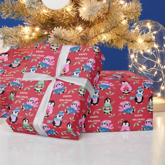 Papier Cadeau Christmas Penguins Crew Red Holiday Wrapping Paper (Vacances)