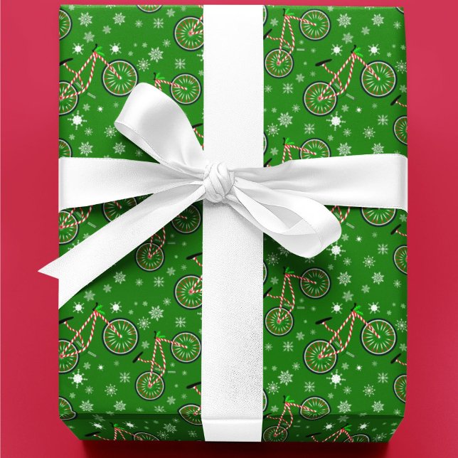 Papier Cadeau Christmas Peppermint Cycling Bike Snowflakes Green (Créateur téléchargé)