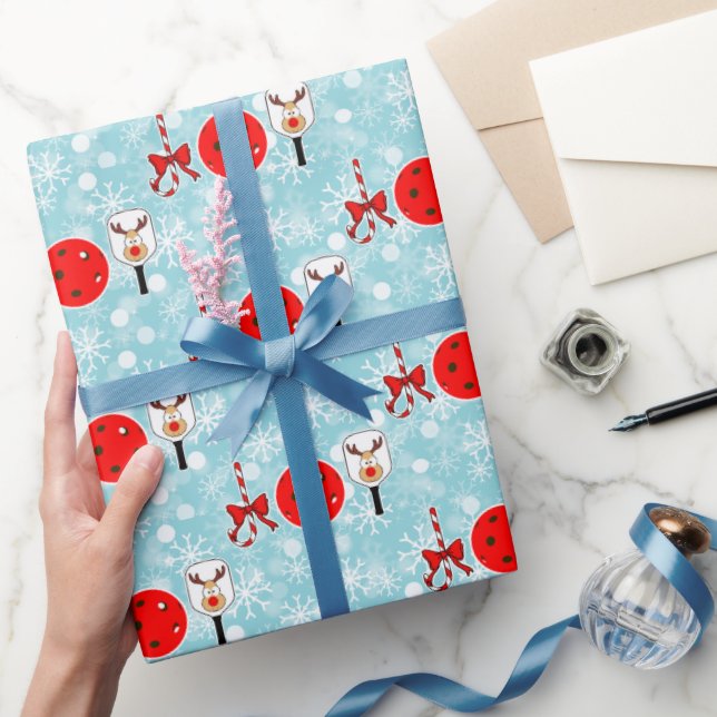 Papier Cadeau Christmas Pickleball Paddle Joy Snowflakes on Blue (Cadeaux)