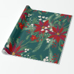Papier Cadeau Christmas red green  floral watercolor pattern<br><div class="desc">Christmas red green  floral watercolor pattern featuring a pretty hand painted red poinsettia ,  green branches</div>