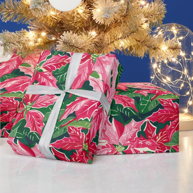 Papier Cadeau Christmas Ruby Pink Poinsettia N Leaves Pattern (Vacances)