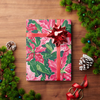 Papier Cadeau Christmas Ruby Pink Poinsettia N Leaves Pattern