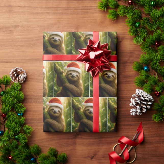 Papier Cadeau Christmas Sloth Wearing a Santa Hat (Cadeau de vacances)