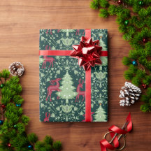 Christmas Tree and Reindeer -Folk Art - Green