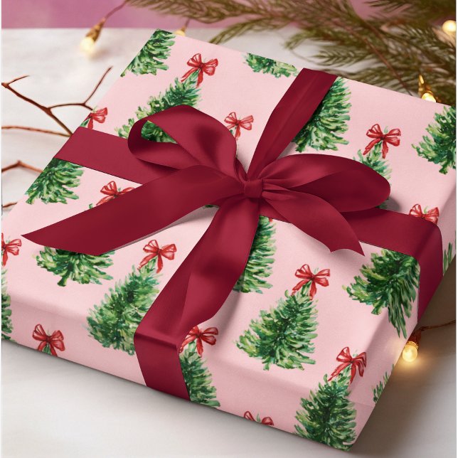 Papier Cadeau Christmas Tree with Red Bow | Pink Wrapping Paper (Créateur téléchargé)