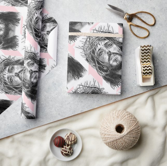 Papier Cadeau Christmas Wrapping Pink &White Stripe Jesus Christ (Artisanat)