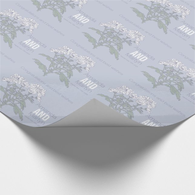 Papier Cadeau Chrysanthème de mariage blanc nom date enveloppe (Coin)